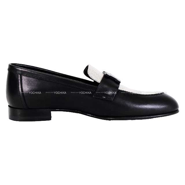 HERMES loafers Moccasin Paris Noir (Black)/Prunoir Calf/Toile H #35.5 Black HW[BRAND NEW][Authentic]