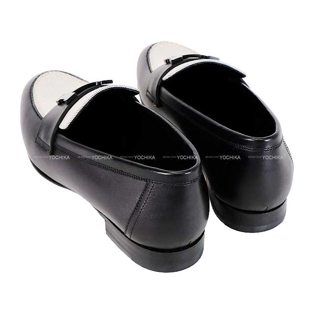 HERMES loafers Moccasin Paris Noir (Black)/Prunoir Calf/Toile H #35.5 Black HW[BRAND NEW][Authentic]