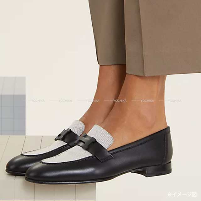 HERMES loafers Moccasin Paris Noir (Black)/Prunoir Calf/Toile H #35.5 Black HW[BRAND NEW][Authentic]