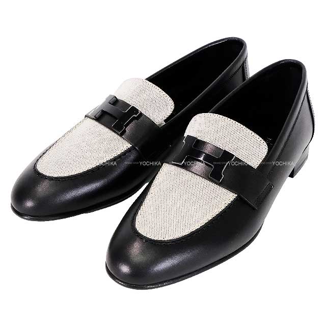 HERMES loafers Moccasin Paris Noir (Black)/Prunoir Calf/Toile H #35.5 Black HW[BRAND NEW][Authentic]