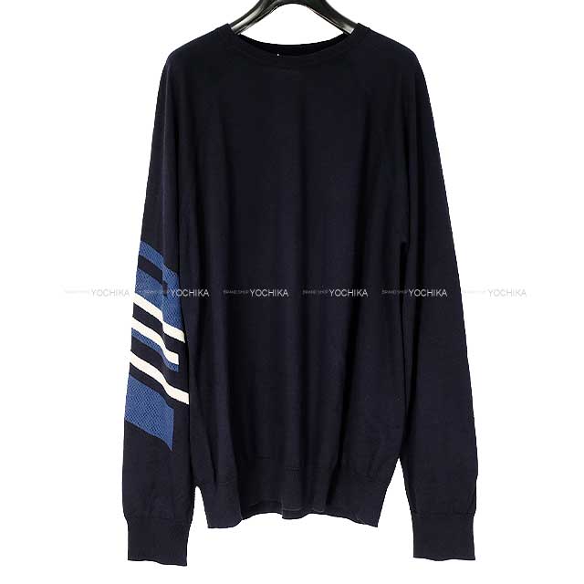 2021 SS HERMES Sweater Men's round necklineNavy Cotton/cashmere/wool[EXCELLENT][Authentic]
