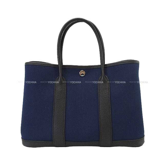 [Pre-loved] HERMES tote bag Garden Party 30 TPM Blue Marine/Noir (Black) Toile Militaire/Vache Country Silver HW Stamp B[LIKE NEW][Authentic]