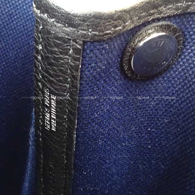 [Pre-loved] HERMES tote bag Garden Party 30 TPM Blue Marine/Noir (Black) Toile Militaire/Vache Country Silver HW Stamp B[LIKE NEW][Authentic]