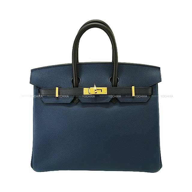 HERMES Handbag Birkin25 Tricolore Bleu de Prusse/Blue Indigo/Noir (Black) Veau Epsom Gold HW Stamp B[EXCELLENT][Authentic]