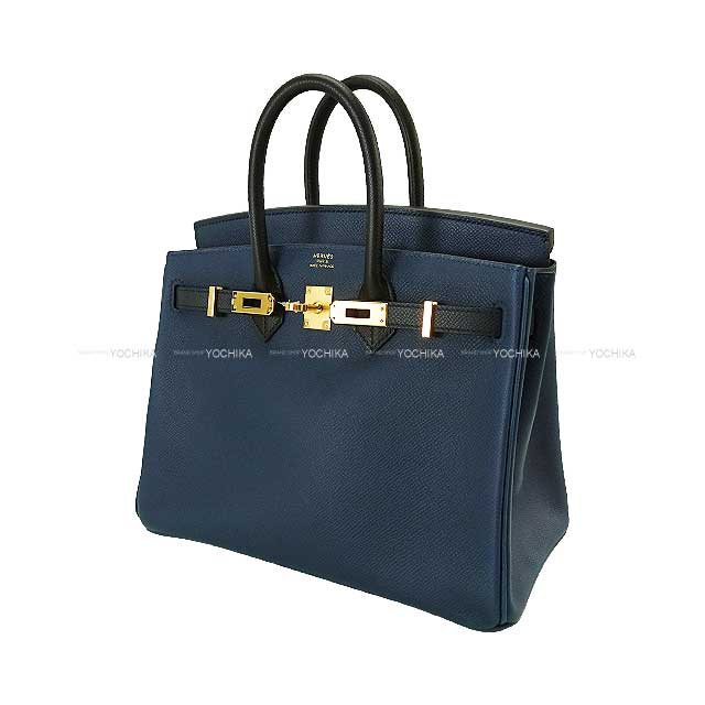 HERMES Handbag Birkin25 Tricolore Bleu de Prusse/Blue Indigo/Noir (Black) Veau Epsom Gold HW Stamp B[EXCELLENT][Authentic]