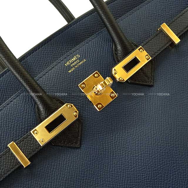 HERMES Handbag Birkin25 Tricolore Bleu de Prusse/Blue Indigo/Noir (Black) Veau Epsom Gold HW Stamp B[EXCELLENT][Authentic]