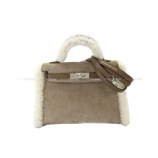 HERMES Shoulder bag Kelly mini 2 Kelly20 Teddy Pluch Gris caillou/ Ecru/ Etoupe Grizzly / Mouton /Swift Silver HW Stamp W[BRAND NEW][Authentic]