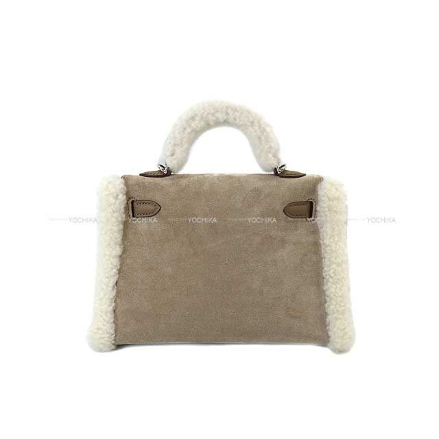 HERMES Shoulder bag Kelly mini 2 Kelly20 Teddy Pluch Gris caillou/ Ecru/ Etoupe Grizzly / Mouton /Swift Silver HW Stamp W[BRAND NEW][Authentic]