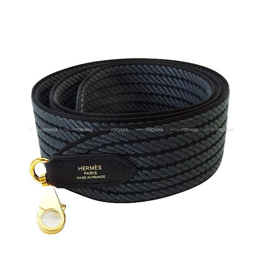 HERMES shoulder strap Bandouliere 50mm 105cm Sangles Cordage Noir (Black)/Gris Misty Toile/Swift Gold HW Stamp W[BRAND NEW][Authentic]