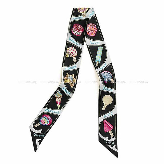 HERMES scarf Twilly Funny Ice Cream Noir (Black)/Blanc (White)/Multicolor Cotton100%[BRAND NEW][Authentic]