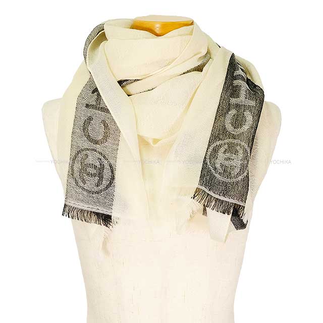 CHANEL Stall Coco Mark Logo Fringe Matelasse Large Blanc (White)/Grey Cashmere70% / Silk30%[EXCELLENT][Authentic]