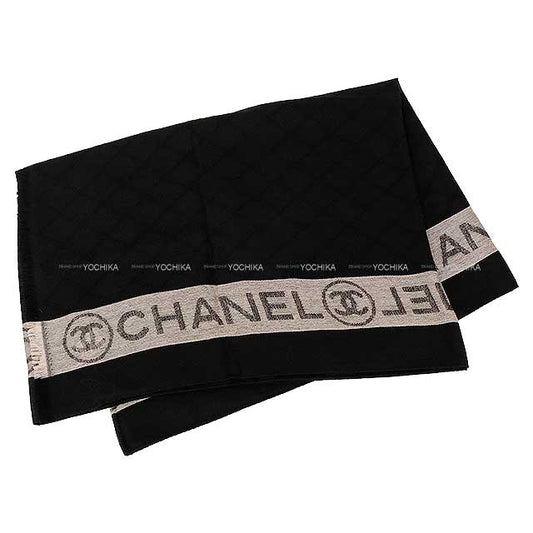 CHANEL Stall Coco Mark Logo Fringe Matelasse Large Noir (Black)/Grey Cashmere70% / Silk30%[EXCELLENT][Authentic]