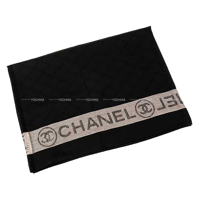 CHANEL Stall Coco Mark Logo Fringe Matelasse Large Noir (Black)/Grey Cashmere70% / Silk30%[EXCELLENT][Authentic]