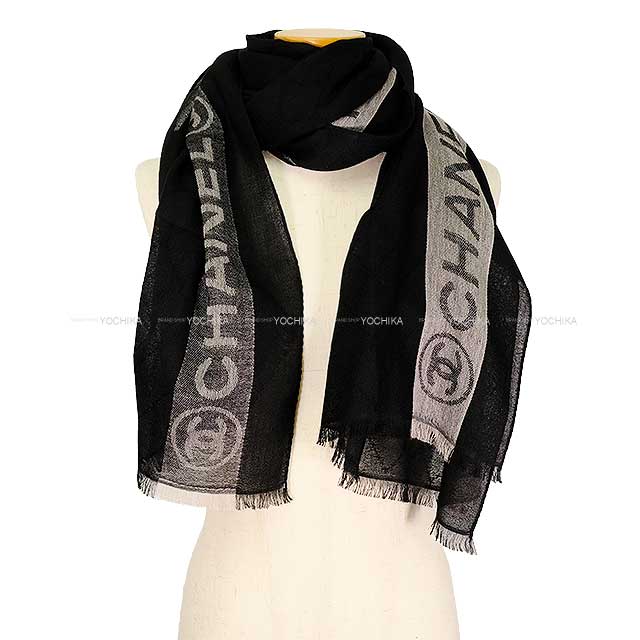 CHANEL Stall Coco Mark Logo Fringe Matelasse Large Noir (Black)/Grey Cashmere70% / Silk30%[EXCELLENT][Authentic]