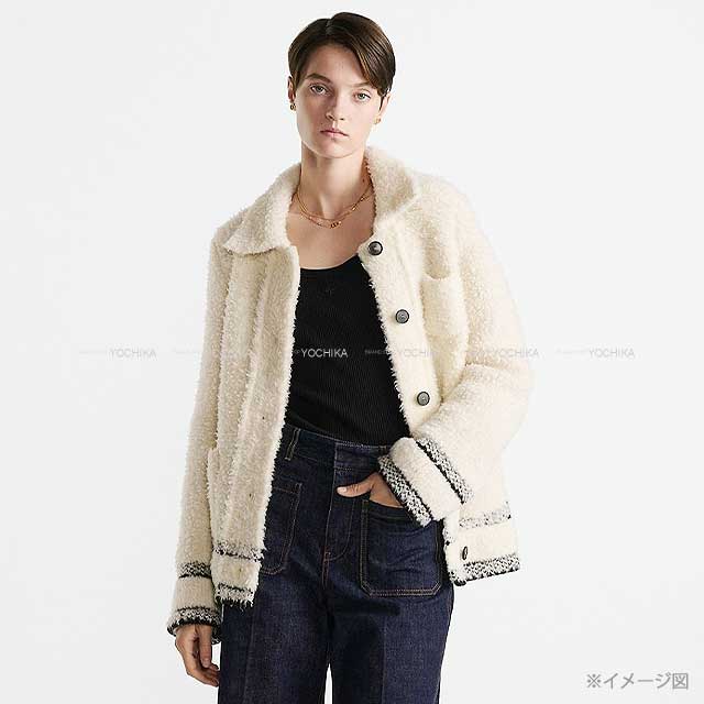 Dior Ladies Caro Jacket Wool Blend Fleece Knit #L Ivory/Black Wool 85%/Nylon 14%/Polyurethane 1% 214V44AM114[EXCELLENT][Authentic]