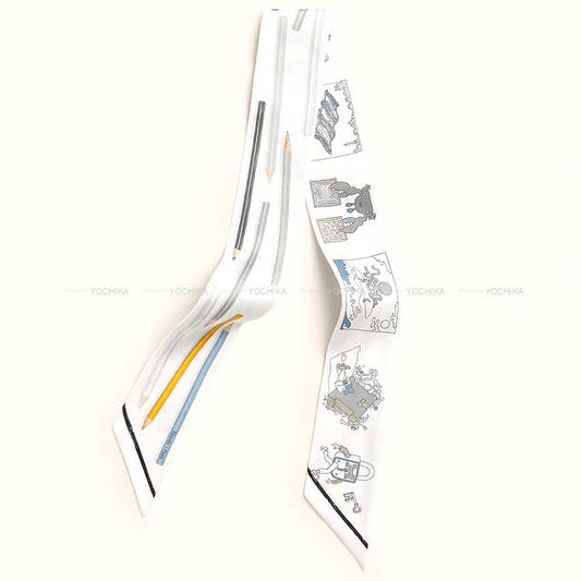 2025SS HERMES scarf Twilly A Vos Crayons Carre Libre Blanc (White)/Grey/Bleu Jean Silk100%[BRAND NEW][Authentic]