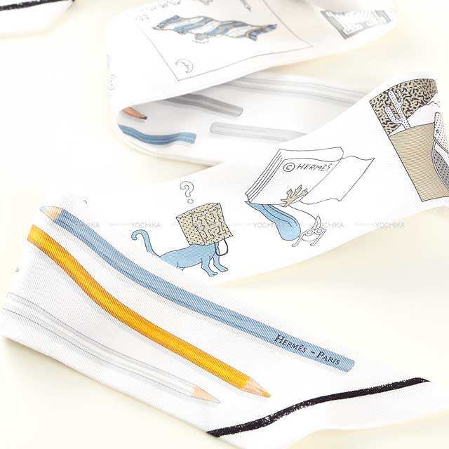 2025SS HERMES scarf Twilly A Vos Crayons Carre Libre Blanc (White)/Grey/Bleu Jean Silk100%[BRAND NEW][Authentic]