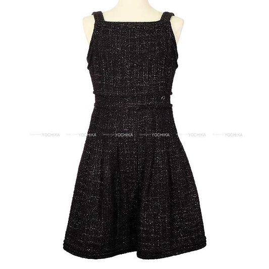 CHANEL One‐piece dress Sleeveless Flared Pleated Octagon Button Tweed Noir (Black)/Purple Cotton/Viscose 34 12A P44651[EXCELLENT][Authentic]