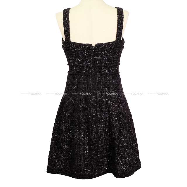 CHANEL One‐piece dress Sleeveless Flared Pleated Octagon Button Tweed Noir (Black)/Purple Cotton/Viscose 34 12A P44651[EXCELLENT][Authentic]