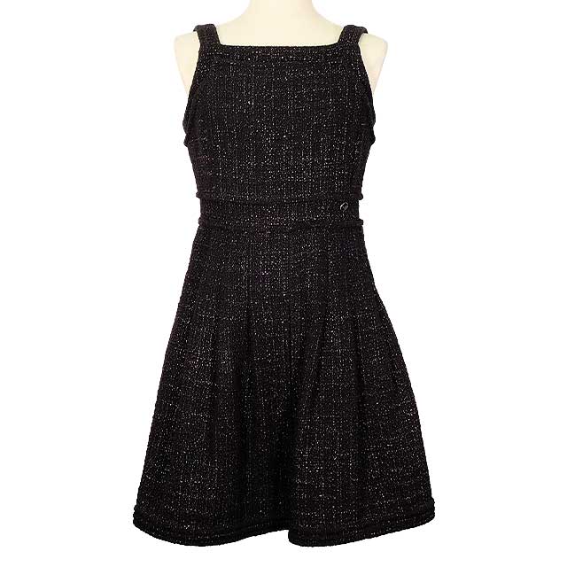 CHANEL One‐piece dress Sleeveless Flared Pleated Octagon Button Tweed Noir (Black)/Purple Cotton/Viscose 34 12A P44651[EXCELLENT][Authentic]