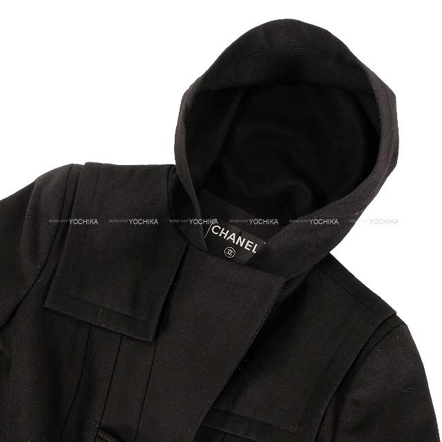 CHANEL Duffle coat Long Hooded Toggle Button Coco Mark Noir (Black) Wool 34 06A P29341[EXCELLENT][Authentic]