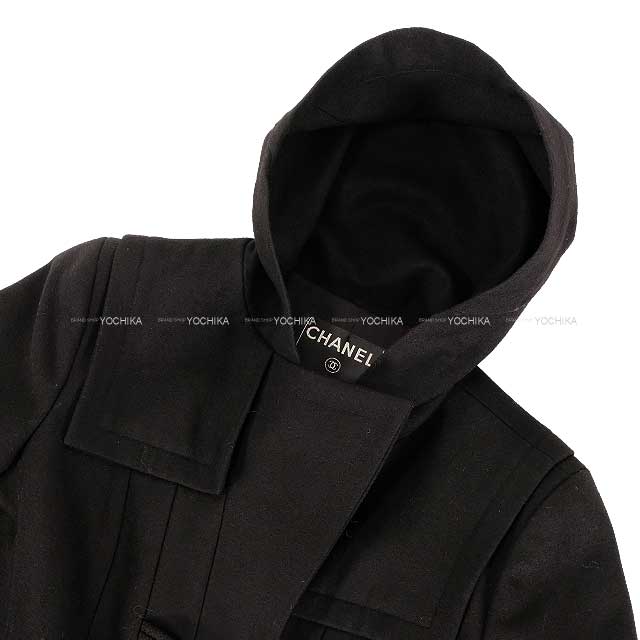 CHANEL Duffle coat Long Hooded Toggle Button Coco Mark Noir (Black) Wool 06A P29341[EXCELLENT][Authentic]