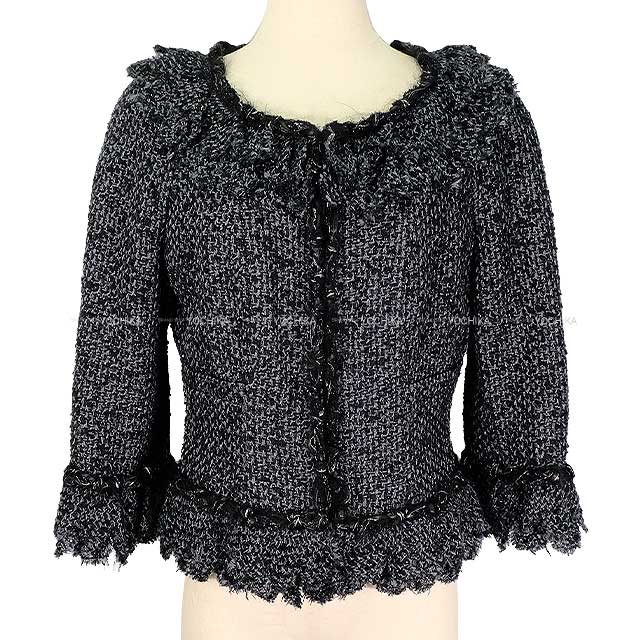 [Pre-loved] CHANEL Plainly colored jacket Tweed Raglan Sleeve Ruffle Coco Rhinestone Noir (Black)/Green Polyamide/Polyester/Cotton/Elastane 40 06A P28902[LIKE NEW][Authentic]