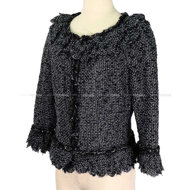 [Pre-loved] CHANEL Plainly colored jacket Tweed Raglan Sleeve Ruffle Coco Rhinestone Noir (Black)/Green Polyamide/Polyester/Cotton/Elastane 40 06A P28902[LIKE NEW][Authentic]