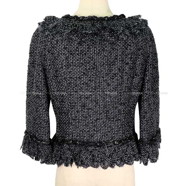 [Pre-loved] CHANEL Plainly colored jacket Tweed Raglan Sleeve Ruffle Coco Rhinestone Noir (Black)/Green Polyamide/Polyester/Cotton/Elastane 40 06A P28902[LIKE NEW][Authentic]