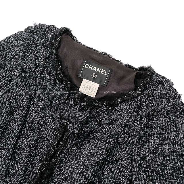 [Pre-loved] CHANEL Plainly colored jacket Tweed Raglan Sleeve Ruffle Coco Rhinestone Noir (Black)/Green Polyamide/Polyester/Cotton/Elastane 40 06A P28902[LIKE NEW][Authentic]