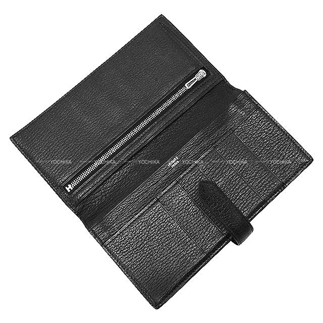 [Pre-loved] HERMES long wallet Bearn Soufflet Noir (Black) Chevre Myzore Silver HW Stamp □Q[USED SA][Authentic]