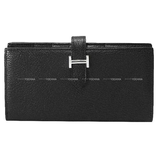 [Pre-loved] HERMES long wallet Bearn Soufflet Noir (Black) Chevre Myzore Silver HW Stamp □Q[USED SA][Authentic]