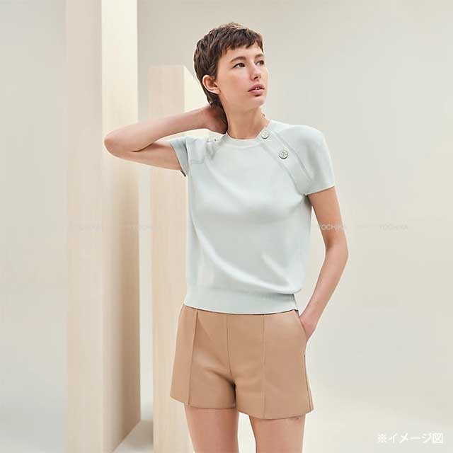 2023AW HERMES Sweater Ladies Short Sleeve Exlibris Button Pale mineral Cashmere/Silk 38 3H2631D6[EXCELLENT][Authentic]