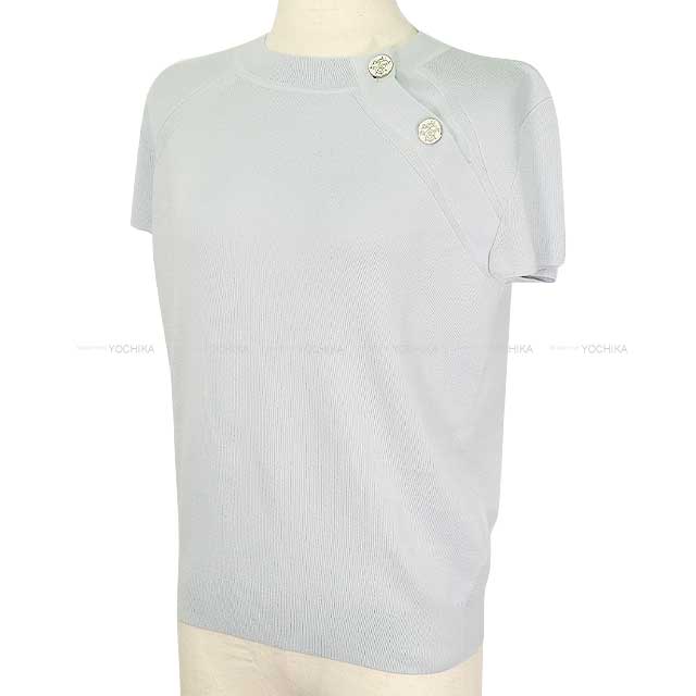 2023AW HERMES Sweater Ladies Short Sleeve Exlibris Button Pale mineral Cashmere/Silk 38 3H2631D6[EXCELLENT][Authentic]