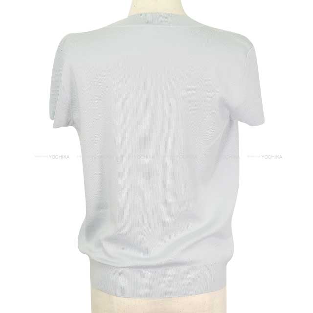 2023AW HERMES Sweater Ladies Short Sleeve Exlibris Button Pale mineral Cashmere/Silk 38 3H2631D6[EXCELLENT][Authentic]