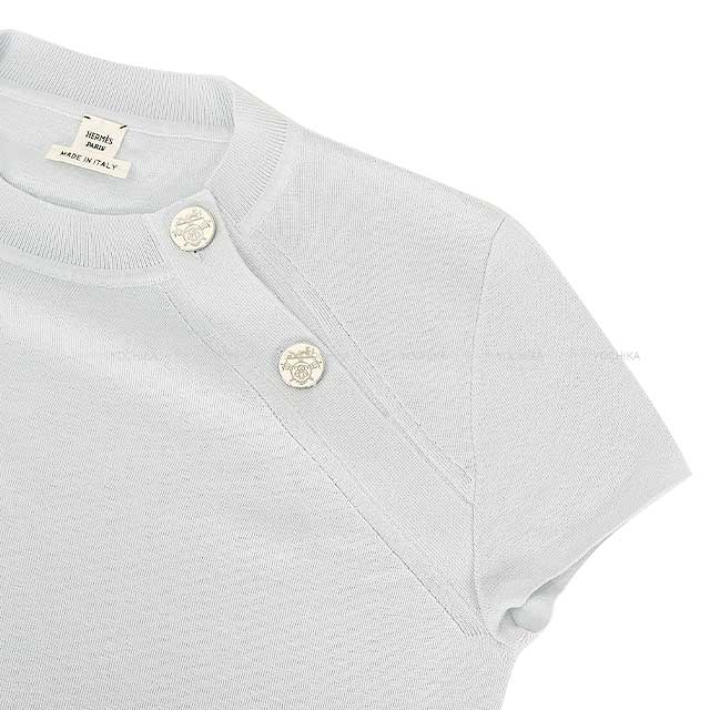 2023AW HERMES Sweater Ladies Short Sleeve Exlibris Button Pale mineral Cashmere/Silk 38 3H2631D6[EXCELLENT][Authentic]