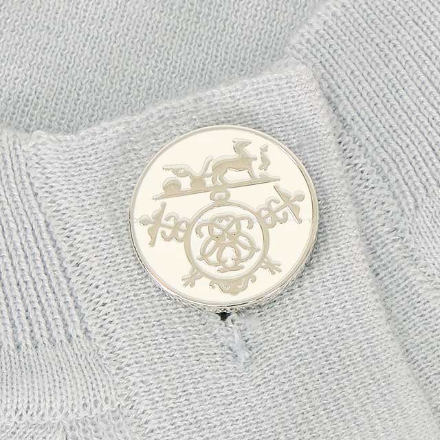 2023AW HERMES Sweater Ladies Short Sleeve Exlibris Button Pale mineral Cashmere/Silk 38 3H2631D6[EXCELLENT][Authentic]