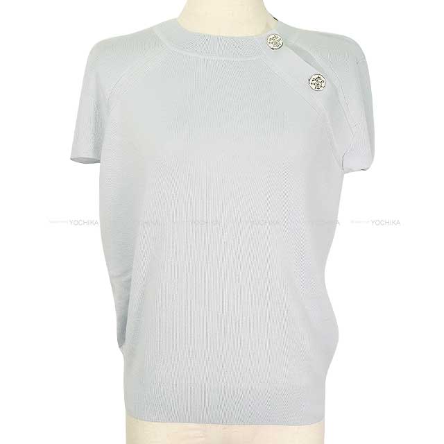 2023AW HERMES Sweater Ladies Short Sleeve Exlibris Button Pale mineral Cashmere/Silk 38 3H2631D6[EXCELLENT][Authentic]