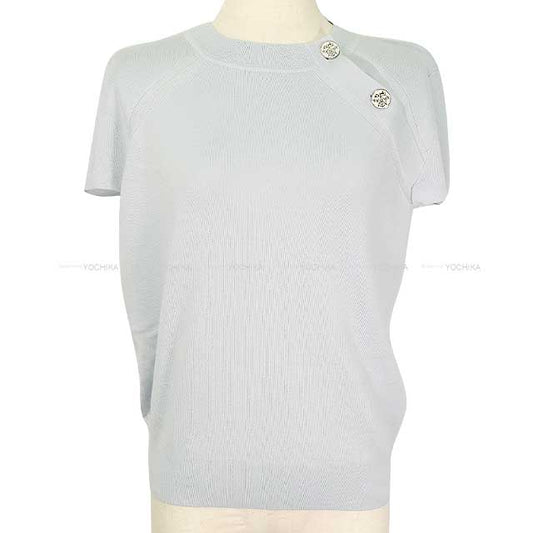 2023AW HERMES Sweater Ladies Short Sleeve Exlibris Button Pale mineral Cashmere/Silk 38 3H2631D6[EXCELLENT][Authentic]