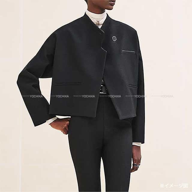 2024AW HERMES Plainly colored jacket Ladies Short Sellier Button Noir (Black) Rayon/wool/polyurethane/silk/lambskin 4H10230DH[BRAND NEW][Authentic]