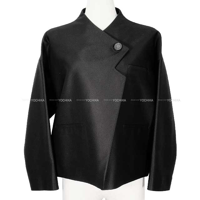 2024AW HERMES Plainly colored jacket Ladies Short Sellier Button Noir (Black) Rayon/wool/polyurethane/silk/lambskin #36 4H10230DH[BRAND NEW][Authentic]