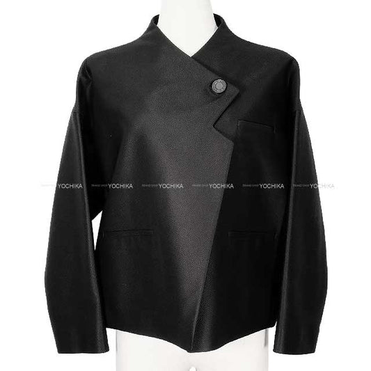 2024AW HERMES Plainly colored jacket Ladies Short Sellier Button Noir (Black) Rayon/wool/polyurethane/silk/lambskin #36 4H10230DH[BRAND NEW][Authentic]