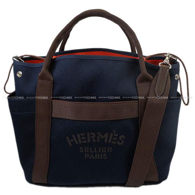 HERMES tote bag Sac de Pansage Groom Blue Navy/Feu Orange Toile ChevronsBridle Leather Silver HW Stamp W[BRAND NEW][Authentic]