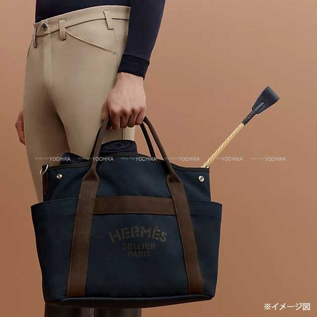 HERMES tote bag Sac de Pansage Groom Blue Navy/Feu Orange Toile ChevronsBridle Leather Silver HW Stamp W[BRAND NEW][Authentic]