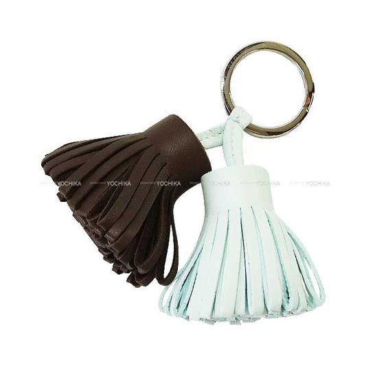 HERMES key ring Carmen Unodos Vert Peppermint/Chocolat Agneau Milo Tuft 1.8 " Silver HW[BRAND NEW][Authentic]