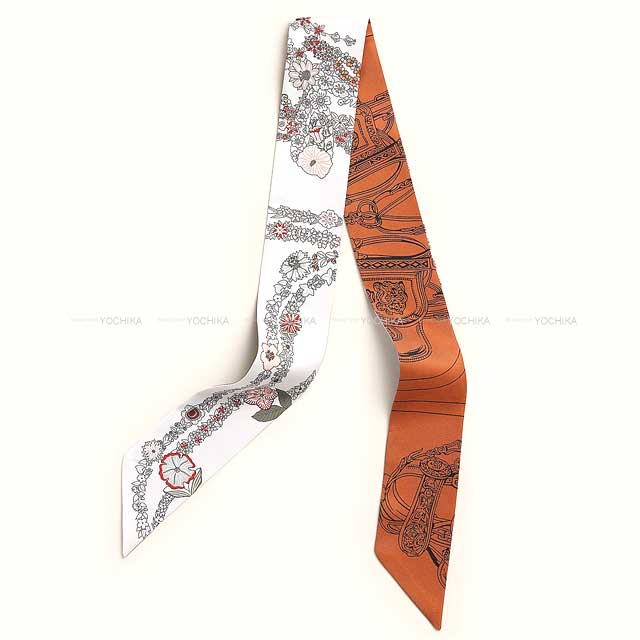 2025SS NEW HERMES scarf Twilly Brides de Gala en Fleurs & Eyeliner Blanc (White)/Grey/Cuivre Silk100%[BRAND NEW][Authentic]