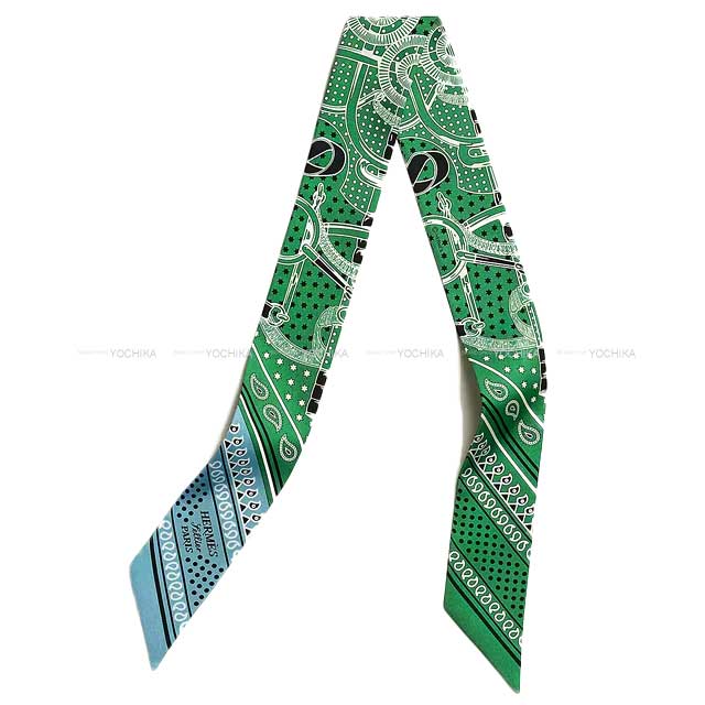 HERMES scarf Twilly Eperon d'Or Bandana Green/Bleu Jean/Blanc (White) Silk100%[BRAND NEW][Authentic]