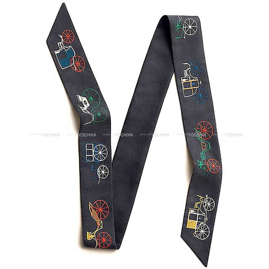 HERMES scarf Long Twilly A Toute Berline! Embroideries Blue noir/multi Color Silk100%[BRAND NEW][Authentic]