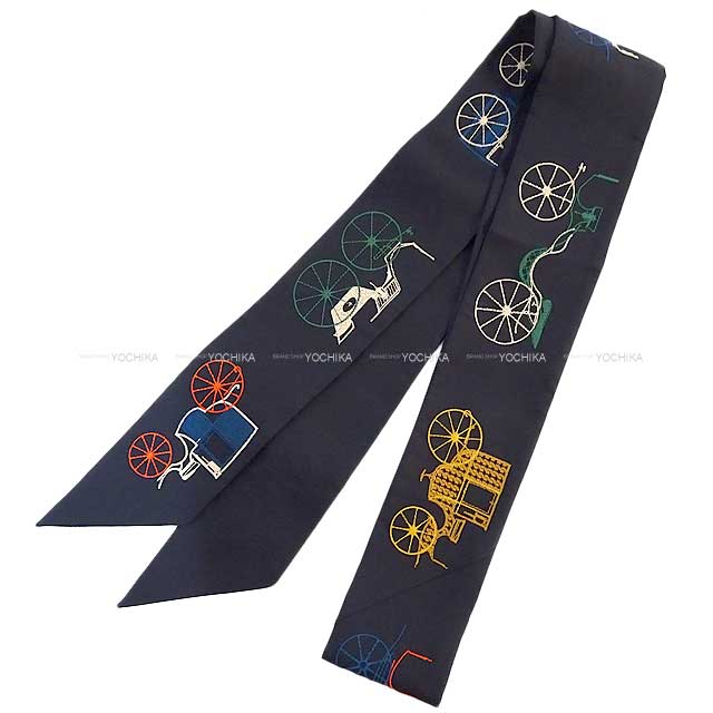 HERMES scarf Long Twilly A Toute Berline! Embroideries Blue noir/multi Color Silk100%[BRAND NEW][Authentic]