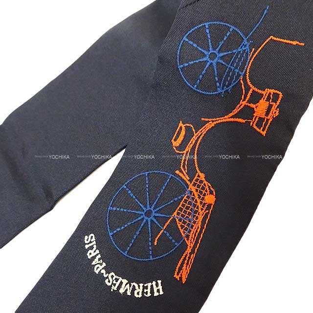 HERMES scarf Long Twilly A Toute Berline! Embroideries Blue noir/multi Color Silk100%[BRAND NEW][Authentic]